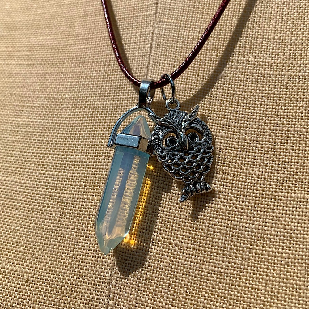 Handmade Opalite/Moonstone Crystal Amulet Necklace & Owl Charm